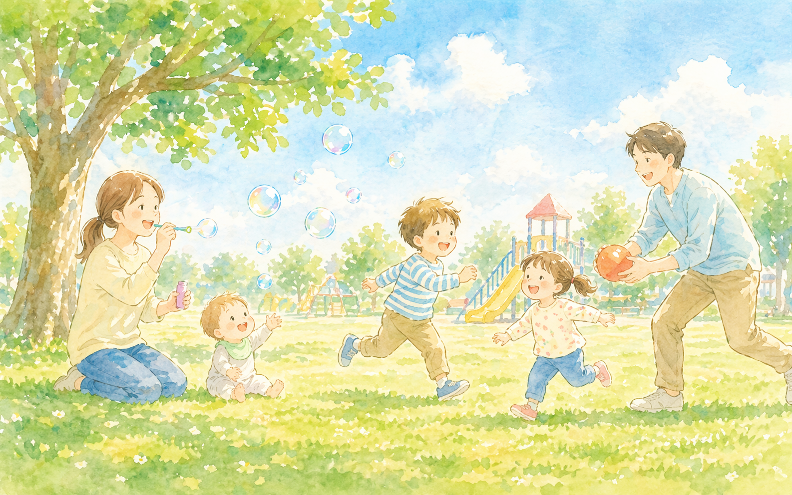 公園で親子が遊んでいるイラスト