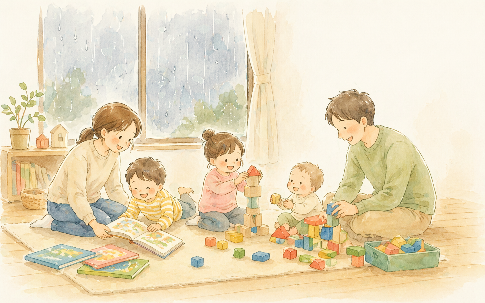 雨の日に家族で室内遊びをしているイラスト