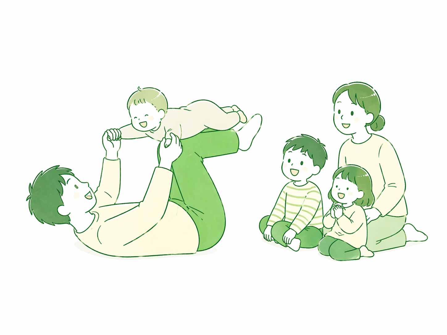 飛行機ごっこのイラスト（親が仰向けで子どもをすねに乗せて揺らす）