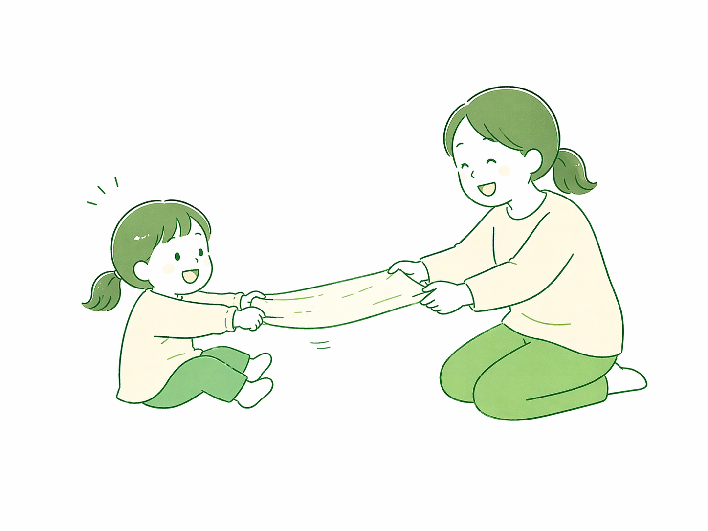 タオル綱引きのイラスト（親子がタオルを引っ張り合う）