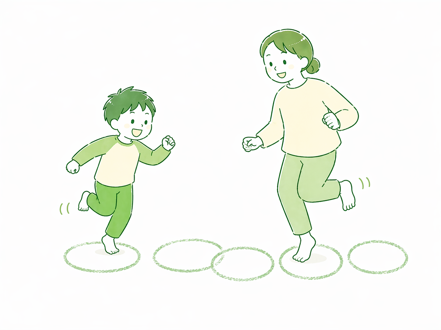 ケンケンパのイラスト（親子が輪の上をケンケンパで進む）