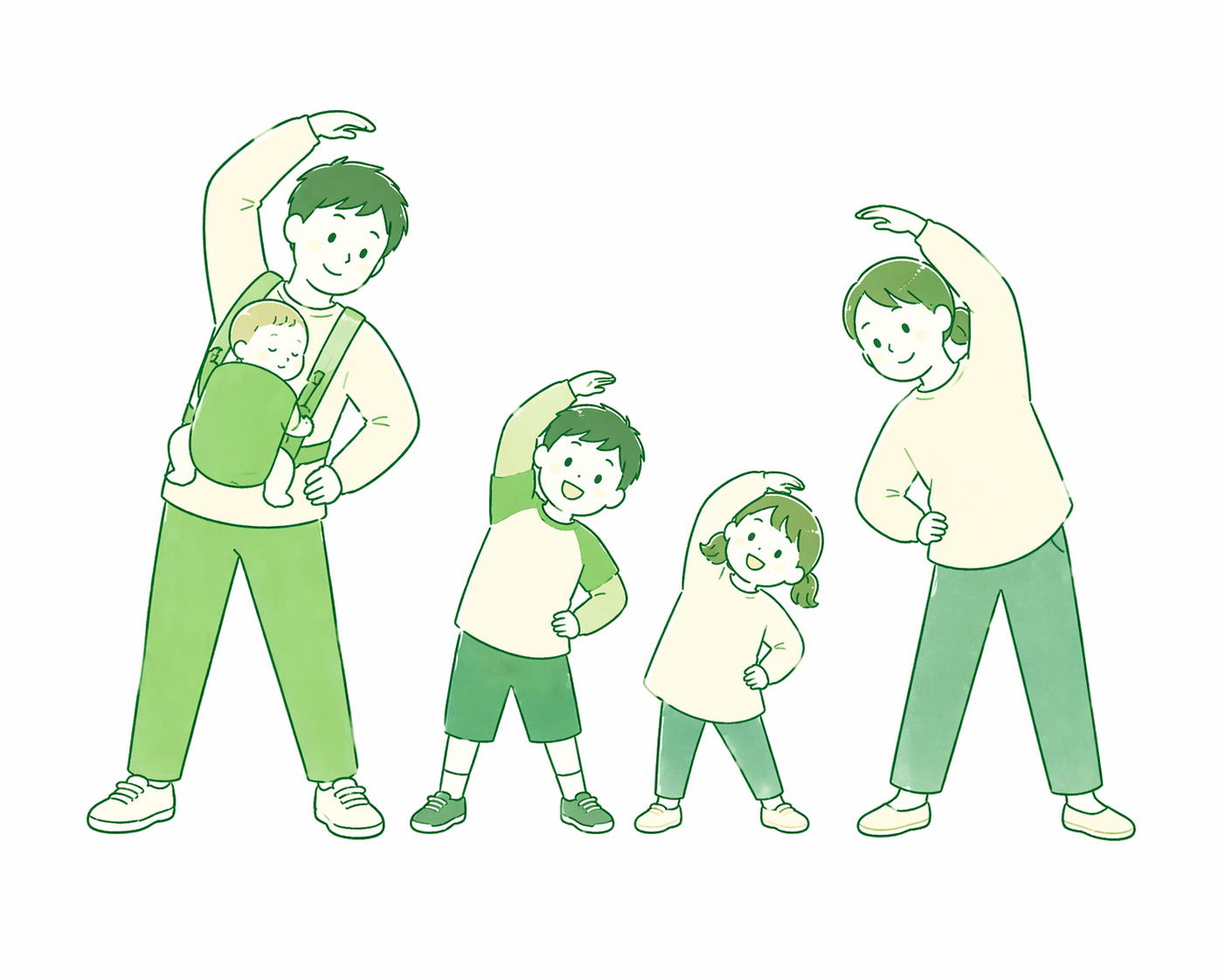 親子4人で体を動かして運動あそびをしているイラスト