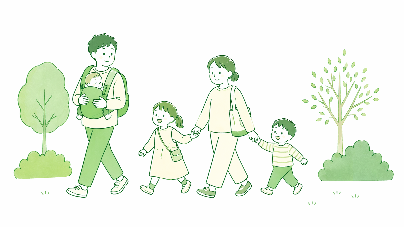 パパ・ママ・子どもたちが手をつないで多摩区をお出かけするイラスト